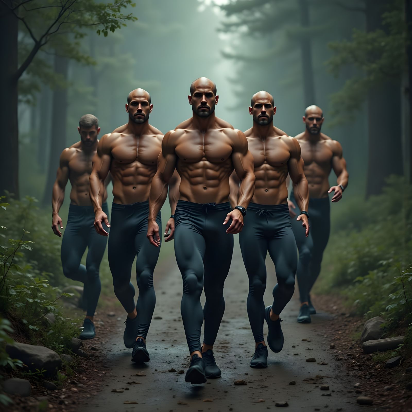 Muscular Men Marching in Misty Forest