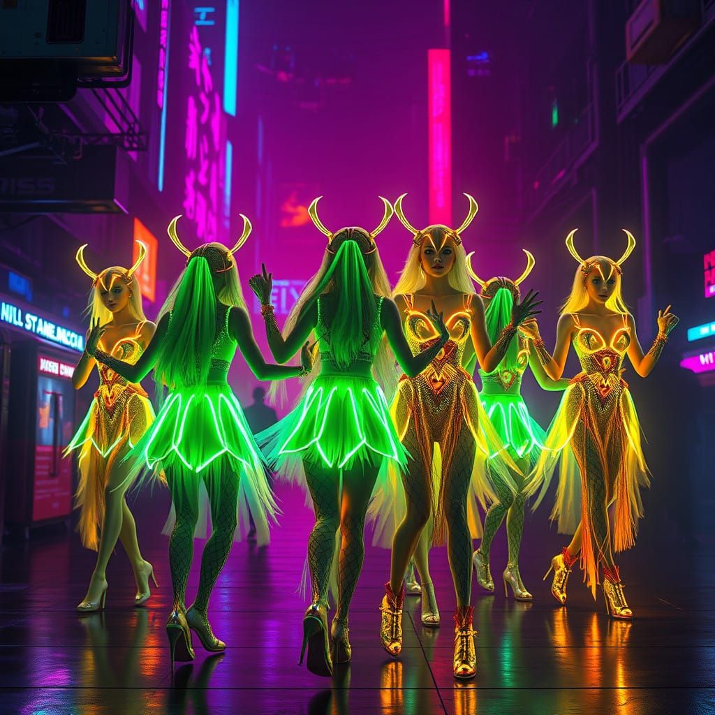 Cyberpunk Sirens: Alluring Clowns Dance in a Futuristic Neon...