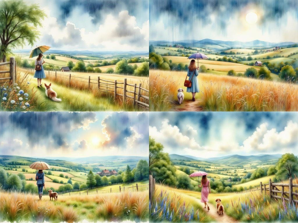 English Countryside Watercolour Painting with Woman and Dog