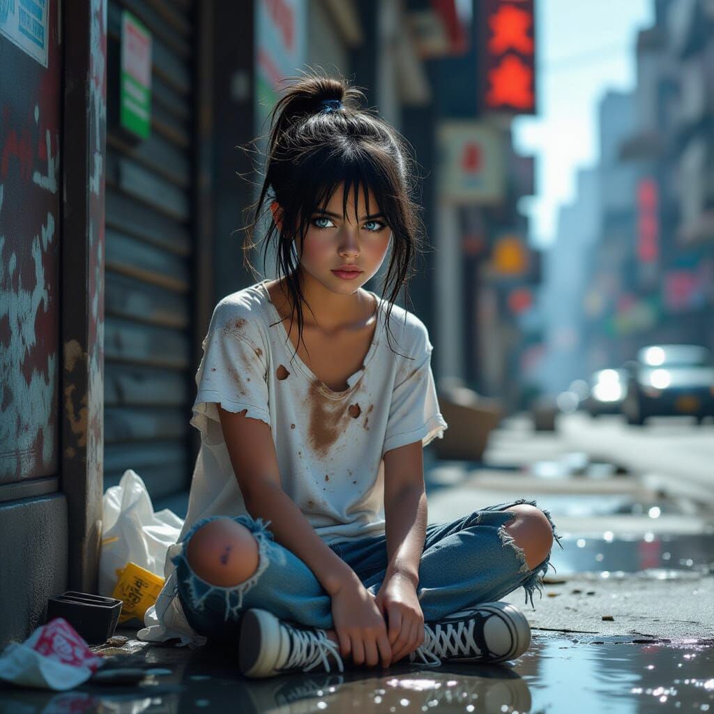 Dystopian Cyberpunk: Young Girl in Cityscape