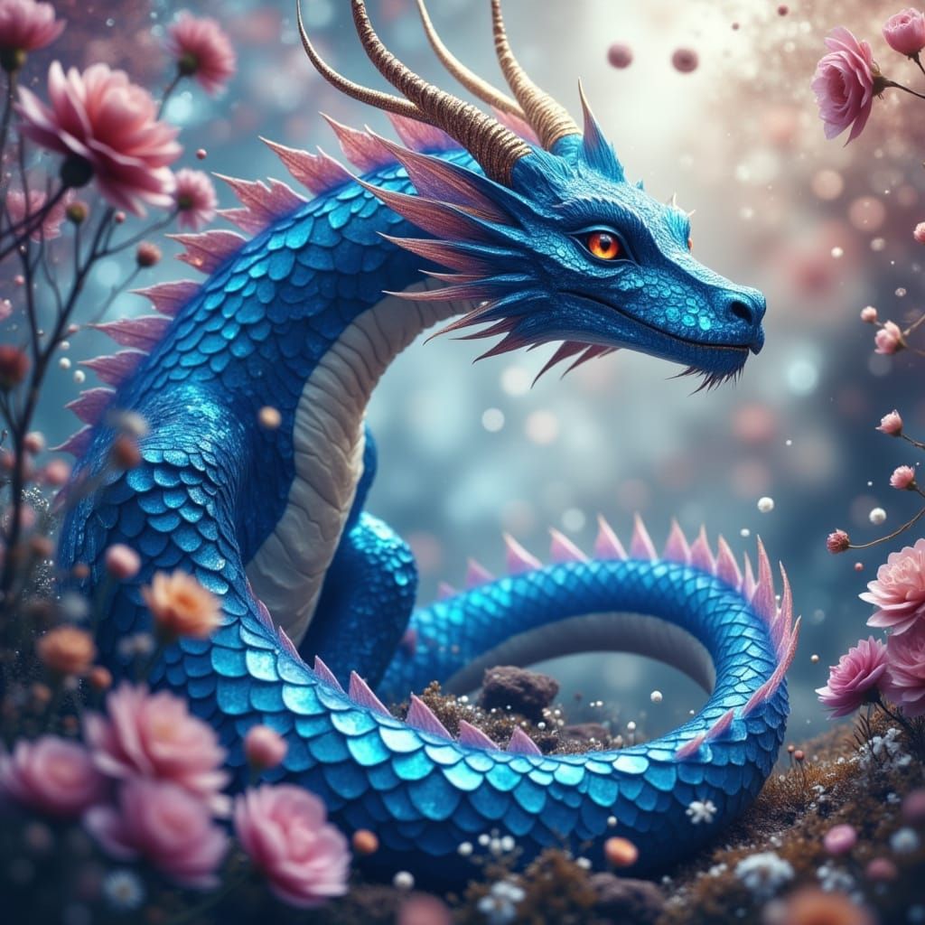 Majestic Blue Dragon Soaring, Atmospheric Sci-Fi Art