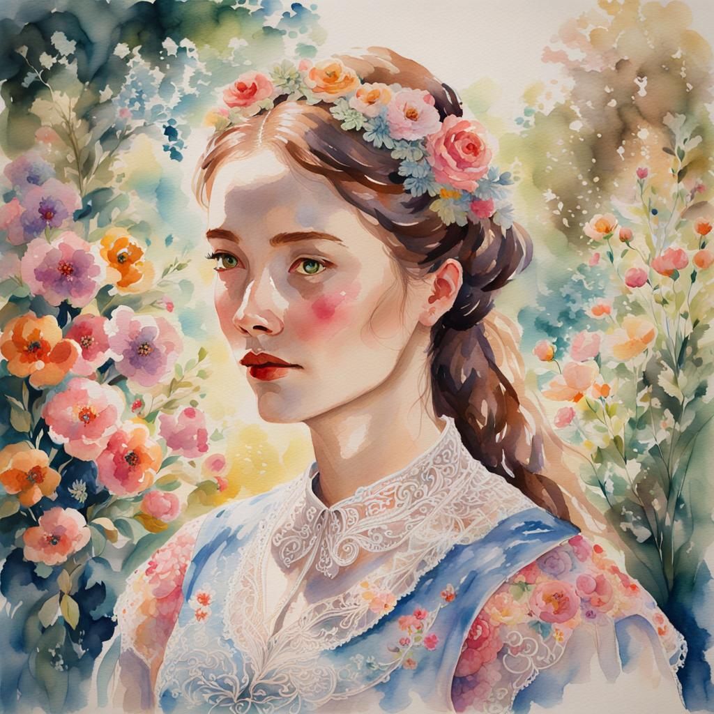 Woman in Floral Lace Gown: Watercolor Painting