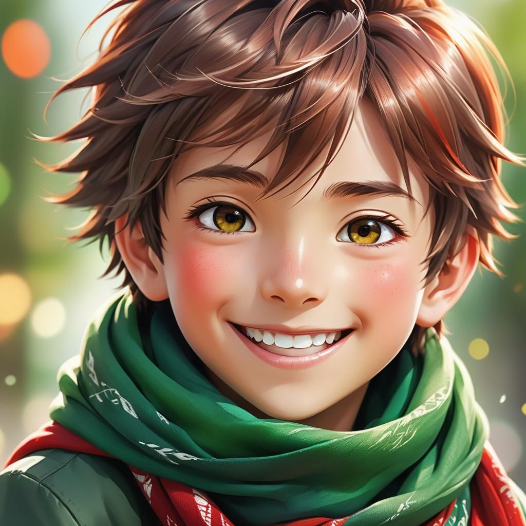 Smiling Boy with Scarf in Vibrant Anime Art