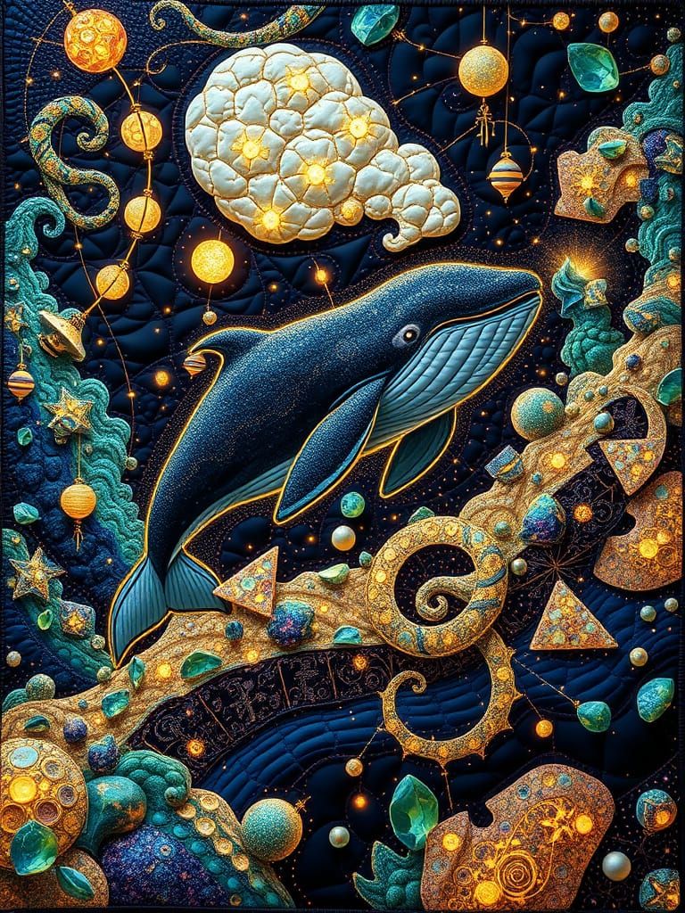 Neon 3D Quilt with Beluga Whale and Fractal Patterns