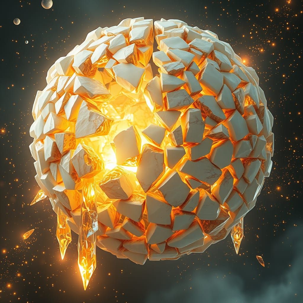 Fractured Gold and White Sphere with Crystal Shards