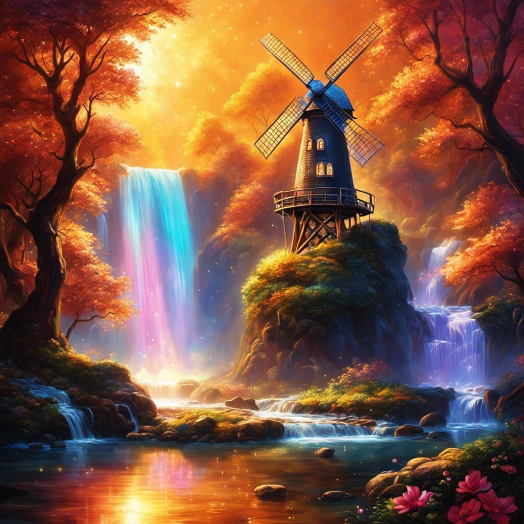 Jewel Windmill Under Diamond Waterfall with Fairies