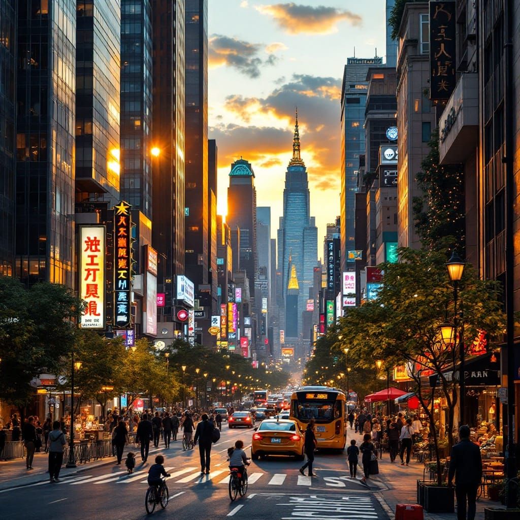 Vibrant Cityscape at Sunset in Cyberpunk Style