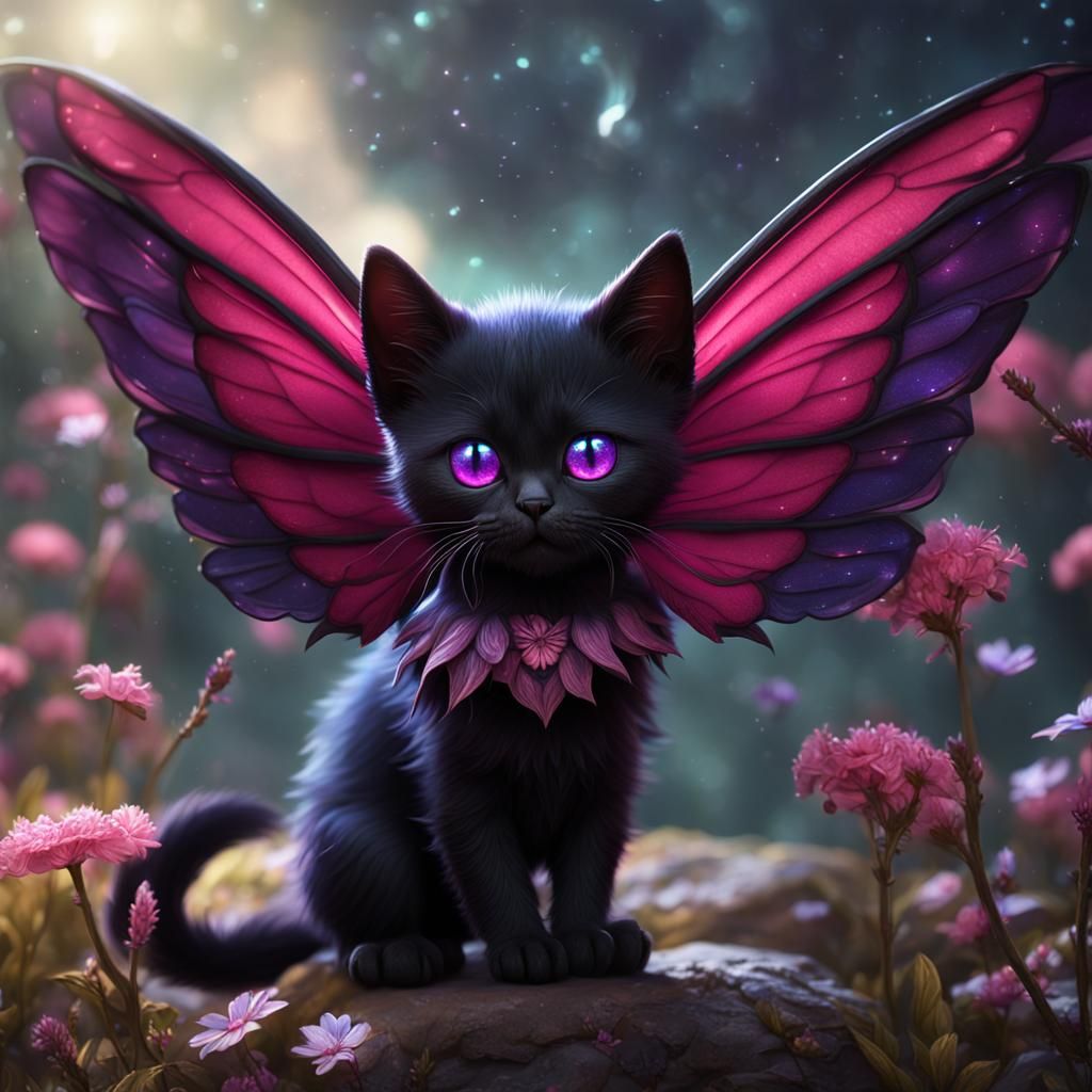 Black Fairy kitten with pink and purple wings purple eyes