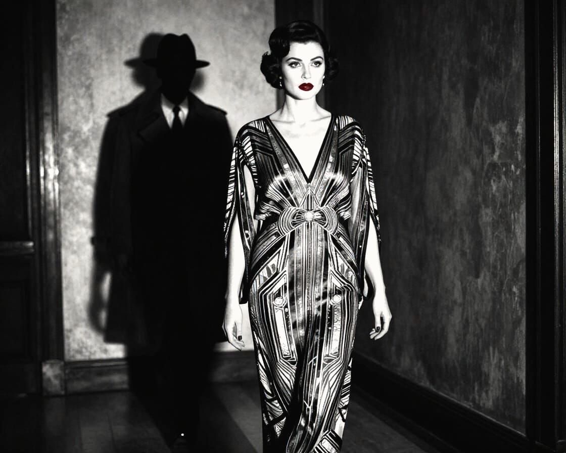 Film Noir Woman with Red Lips and Menacing Shadow