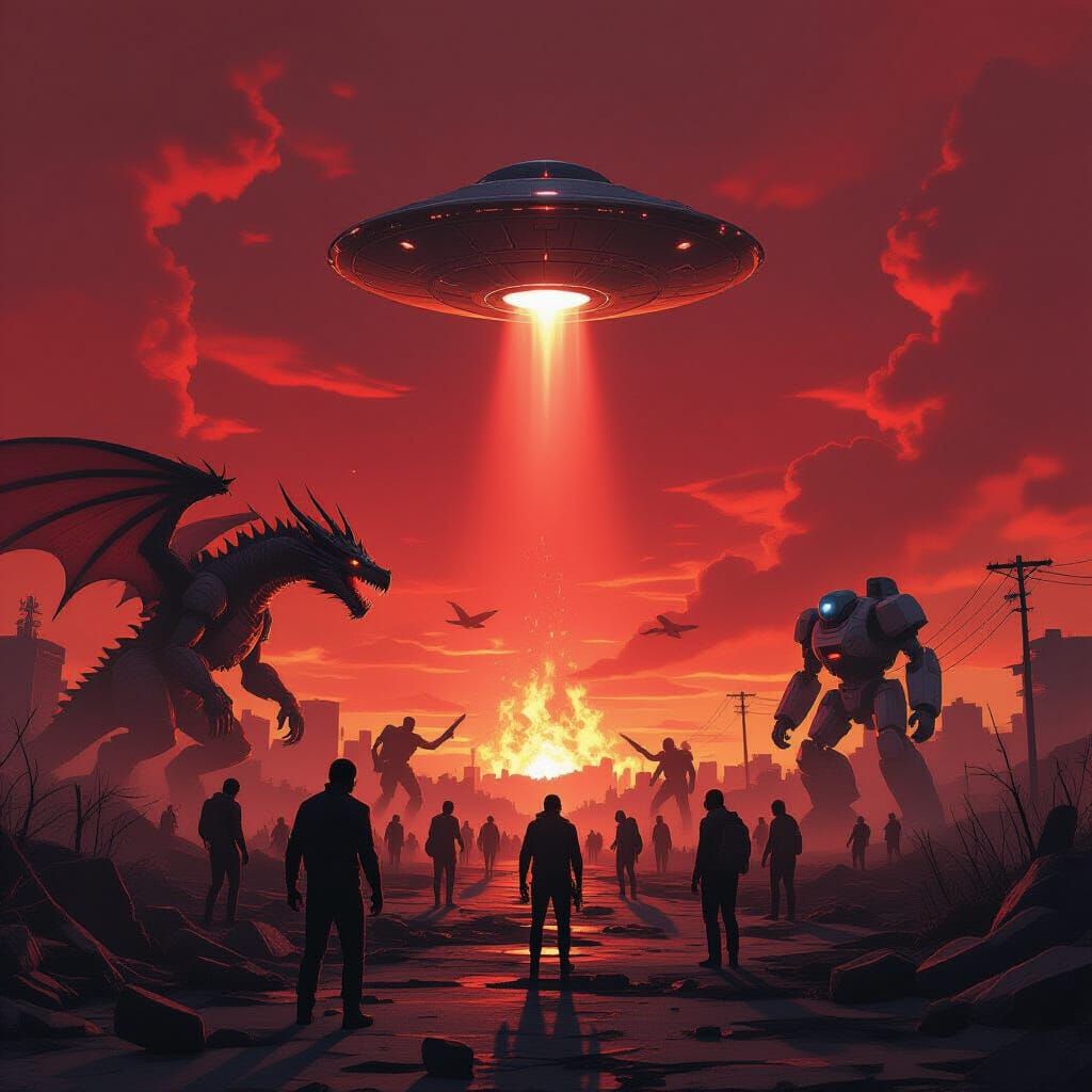 Apocalyptic Scene with Zombies, Dragons, Robots, and UFO