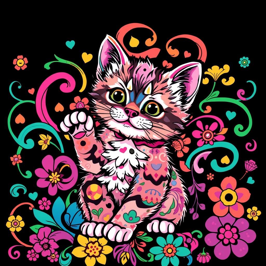 Vibrant Kitten Illustration in Lisa Frank Style