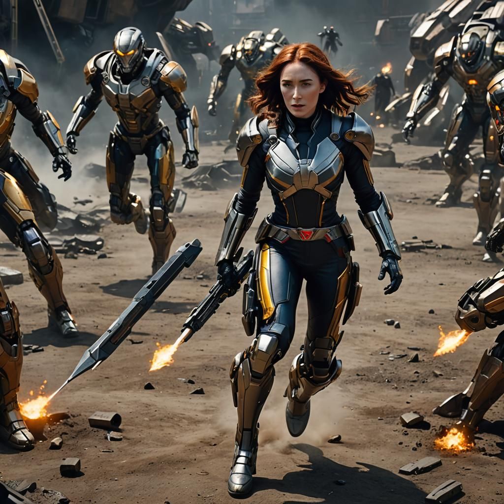 Futuristic Woman Advances Against Robots: Sci-Fi Art