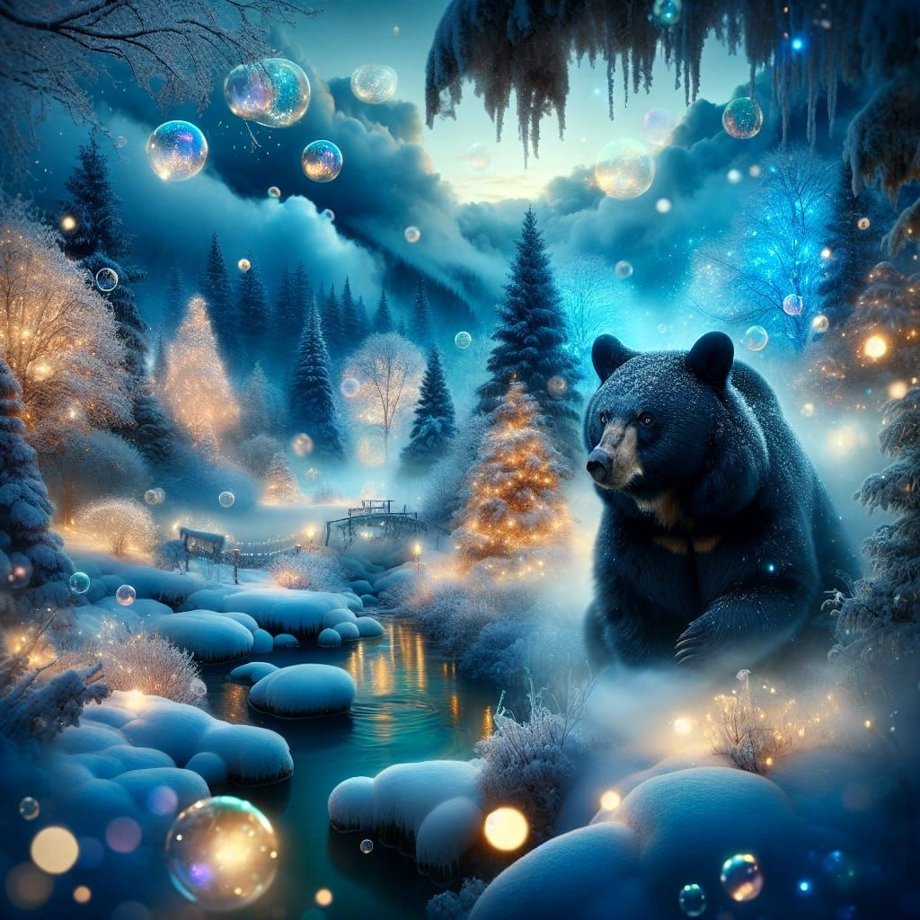 Black Bear in Dreamlike Winter Landscape with Floating Orbs