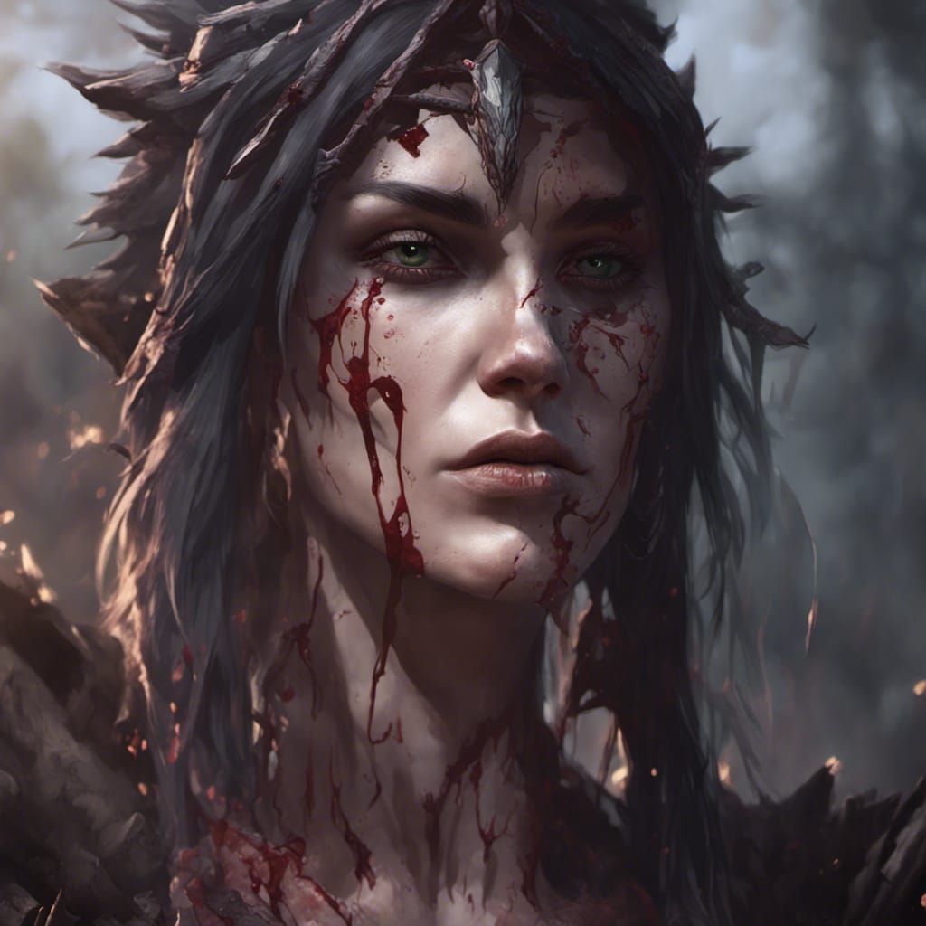 Bloodied Shadow Druid Portrait in Dark Fantasy Style