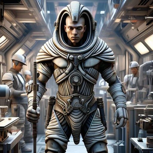 Ancient Egyptian God Ptah in Futuristic Space Helmet, Indust...