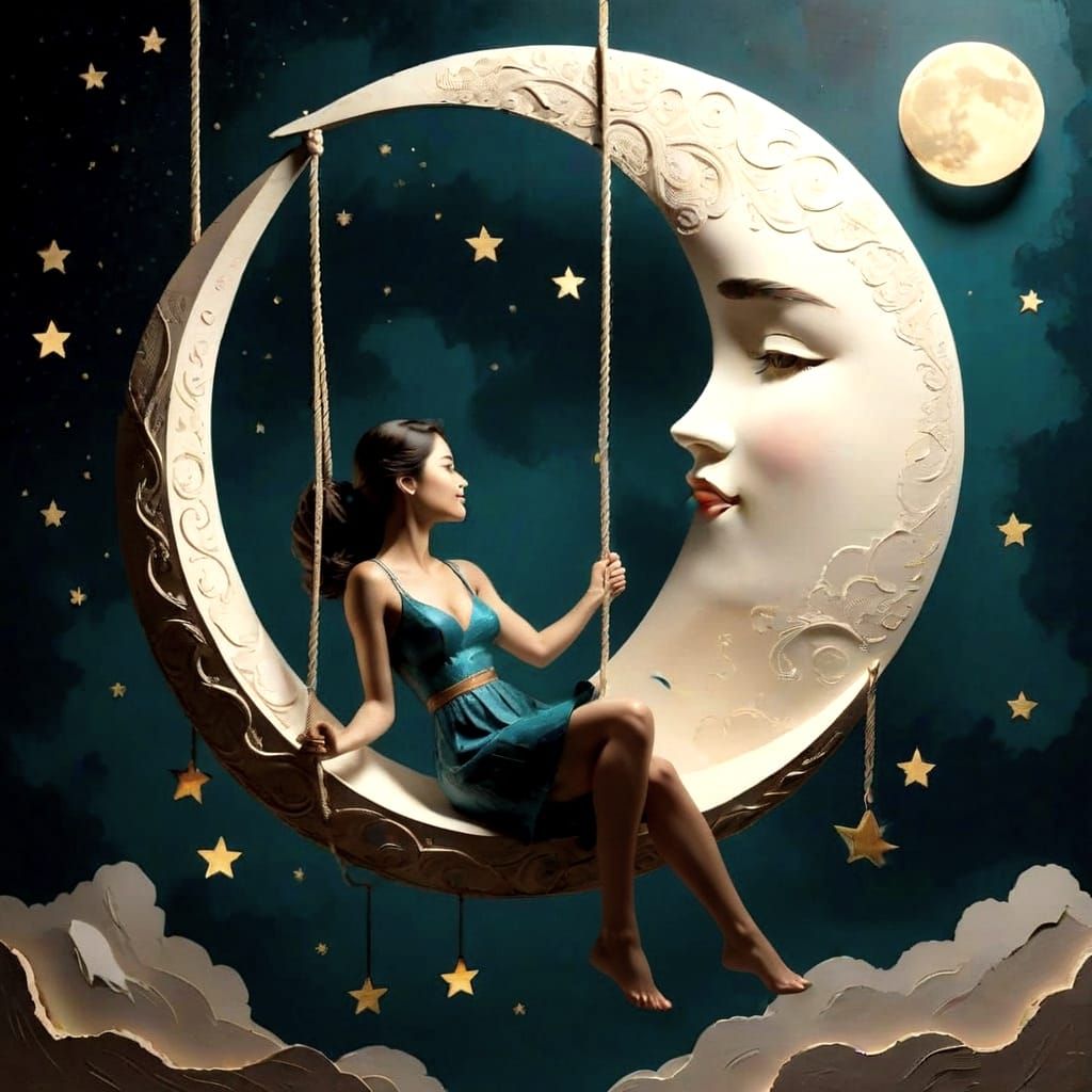Woman on Moon Swing in Starry Night Sky