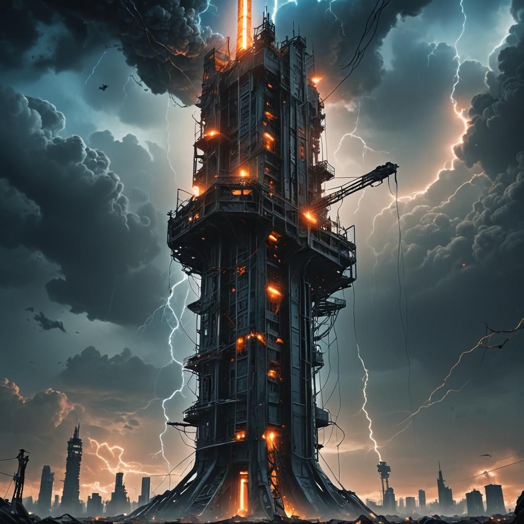 Space Elevator on a Ravaged World in Post-Apocalyptic Style