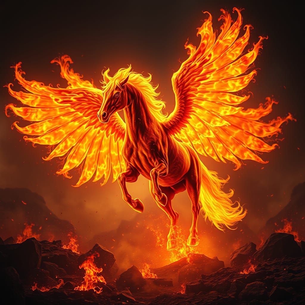 Majestic, Hyper-Realistic Fire Horse with Wings of Living Fl...