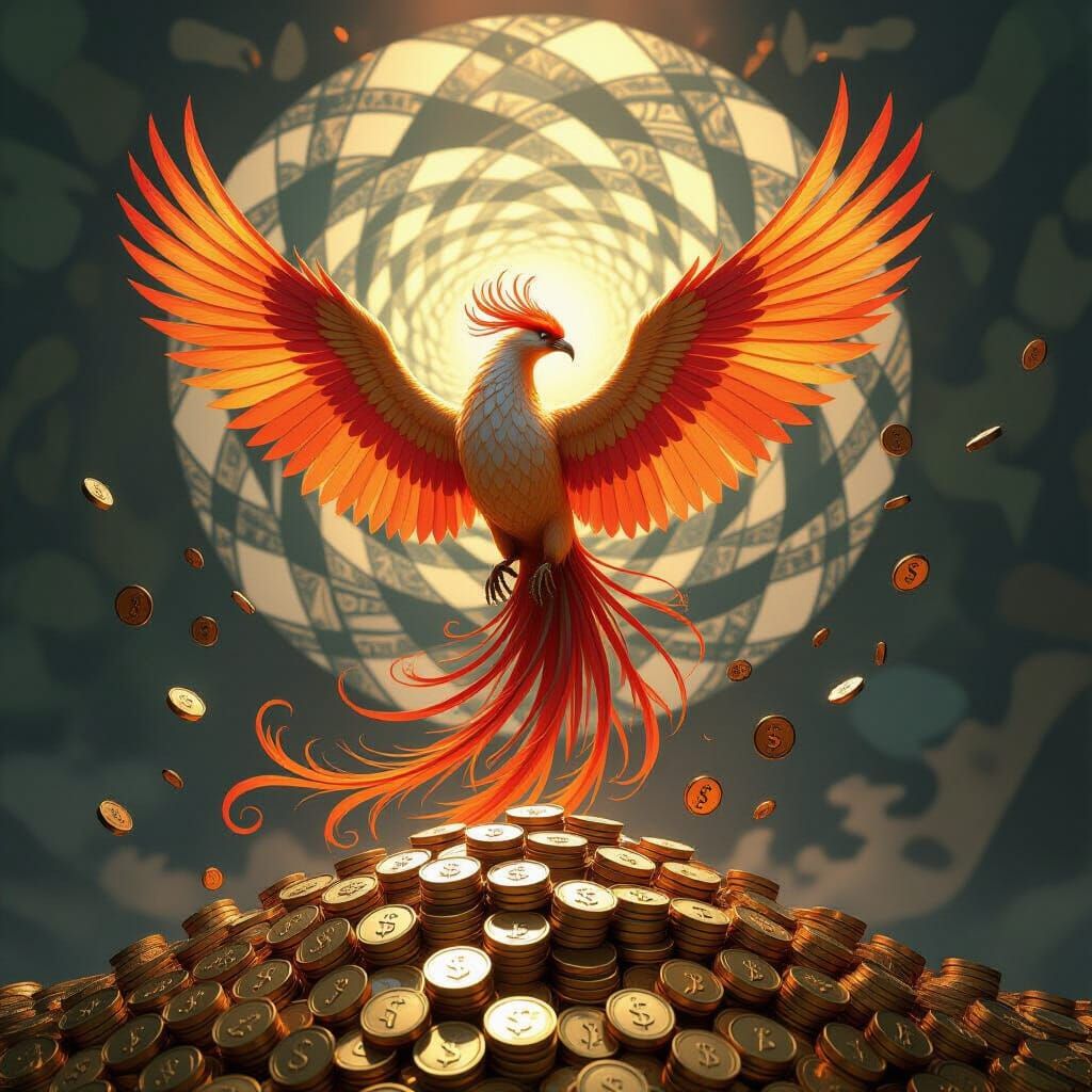 Majestic Phoenix Rises from Gold Coins