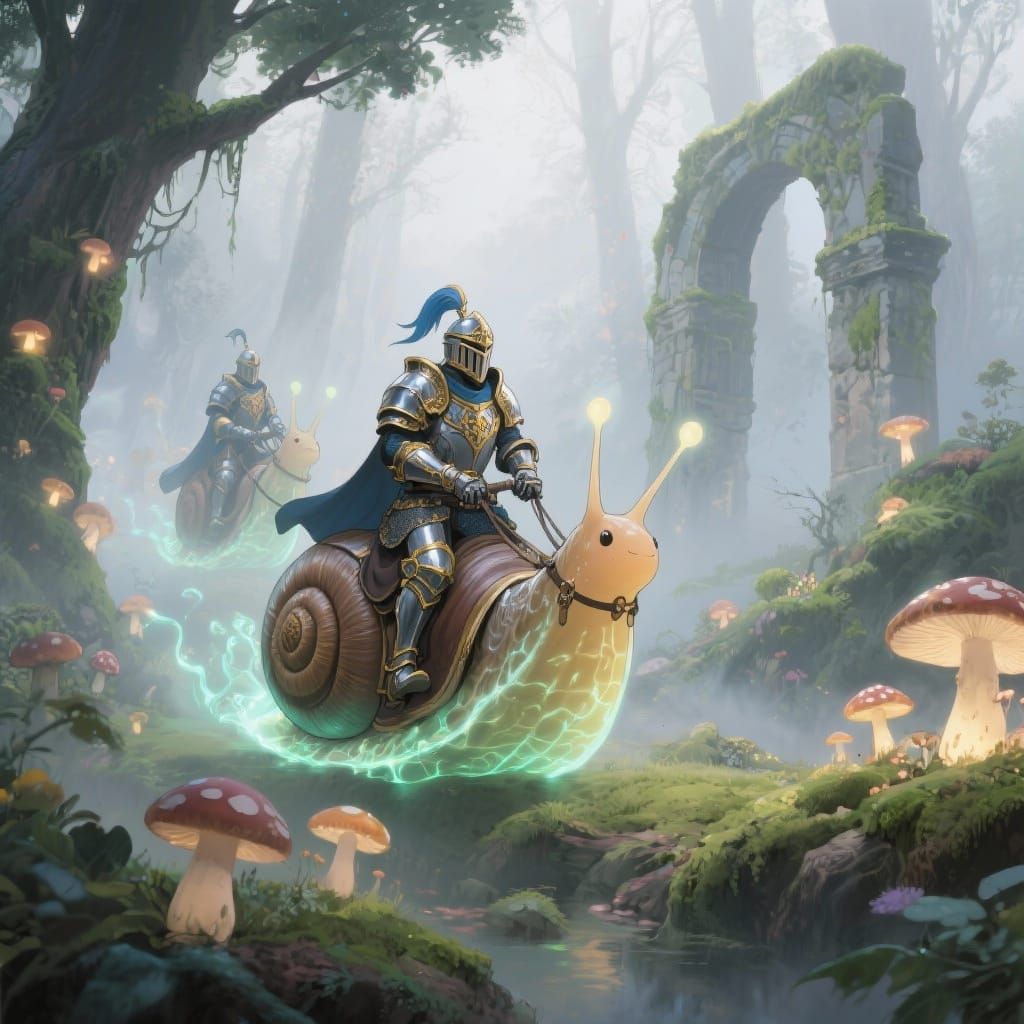 Knights on Glowing Snails in Enchanted Forest