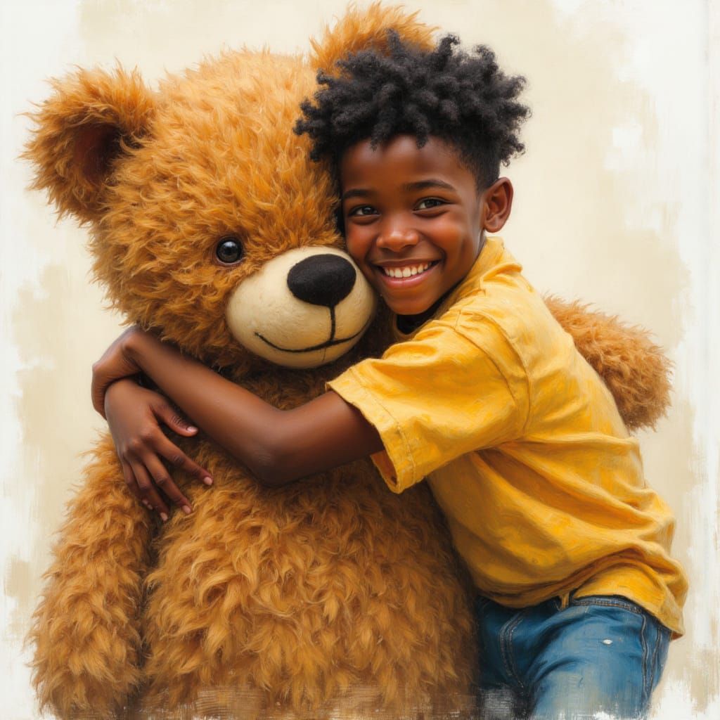 Cute Boy Hugs Giant Teddy Bear in Hyperrealistic Style