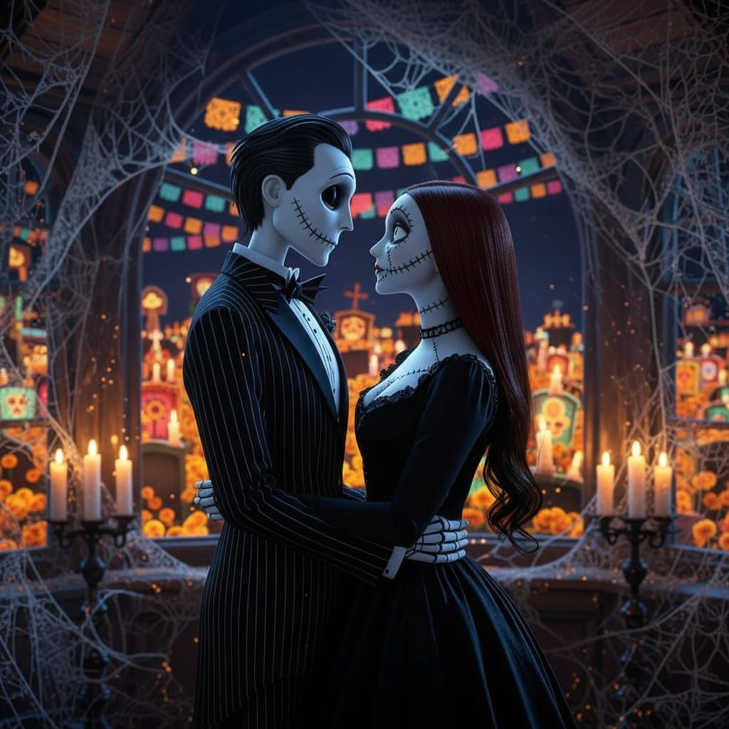 Jack Skellington & Sally as Addams Family in Halloween Town