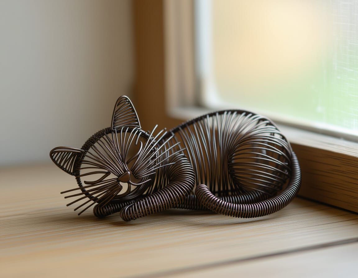 Minimalist Wire Sculpture of Sleeping Cat