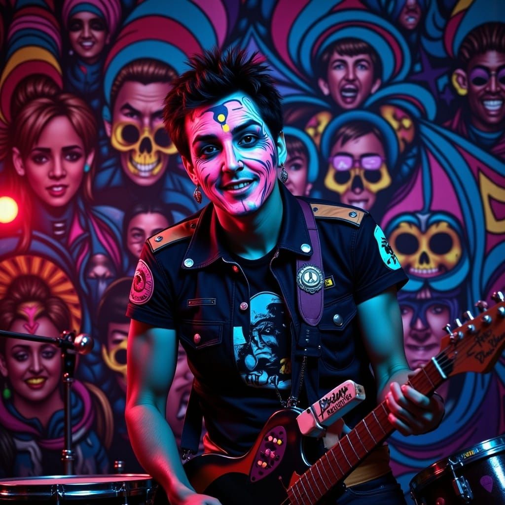 Drummer with Neon Face Paint in Rock Style