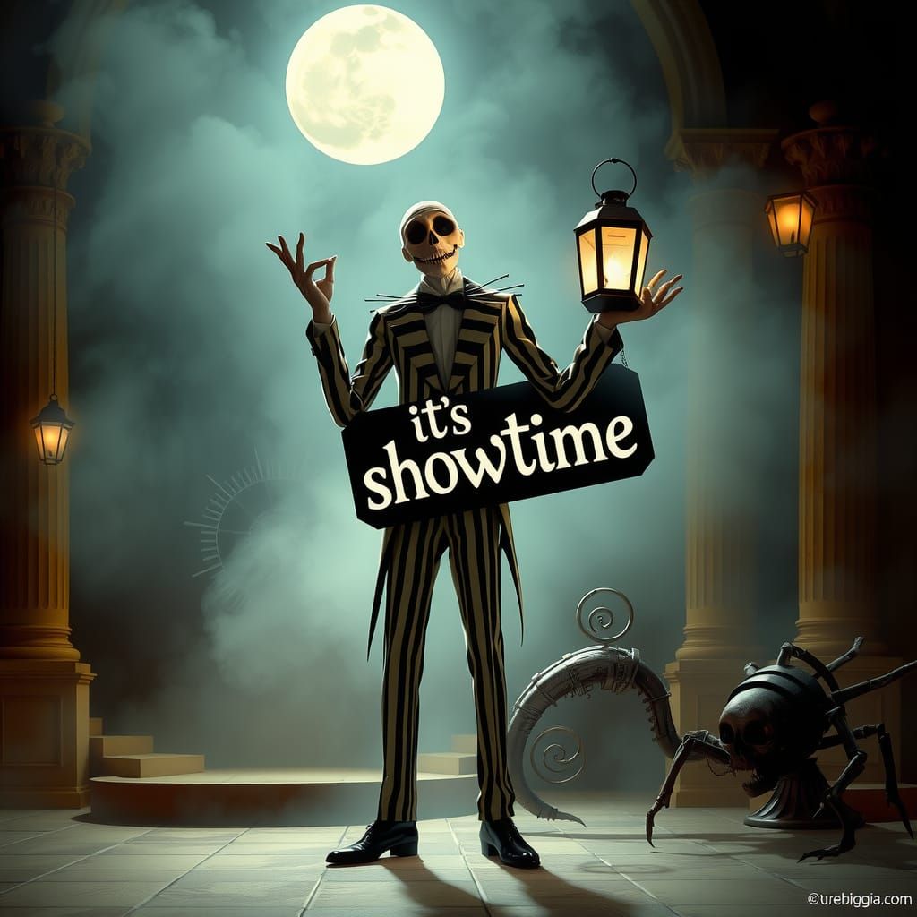 Beetlejuice on Stage in Dark Fantasy Style