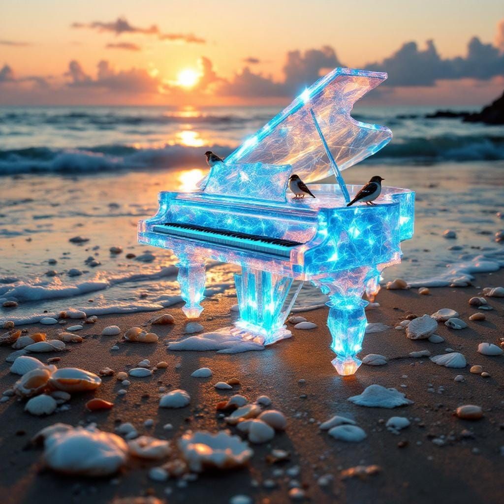 Glowing Crystal Piano on Beach at Sunset
