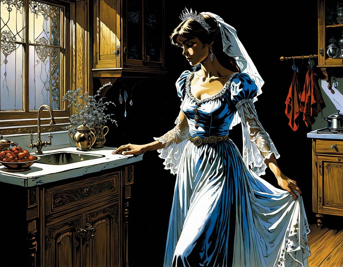 Ethereal Damsel Floating in Kitchen: Comic Art