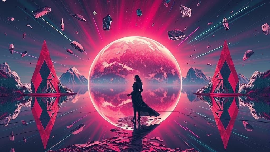 Woman at Mirrored Earth Edge in Shattered Sky