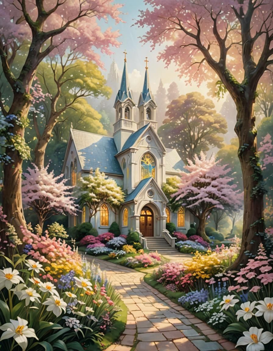 Ethereal Country Church with White Flower in Pastel Colors