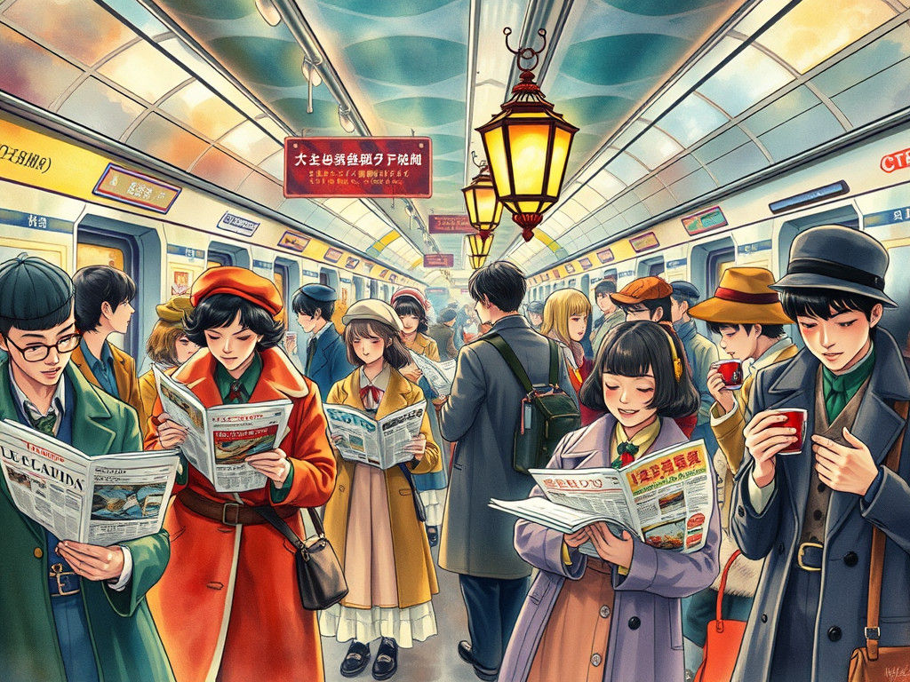 Vintage Manga Subway Scene in Watercolor