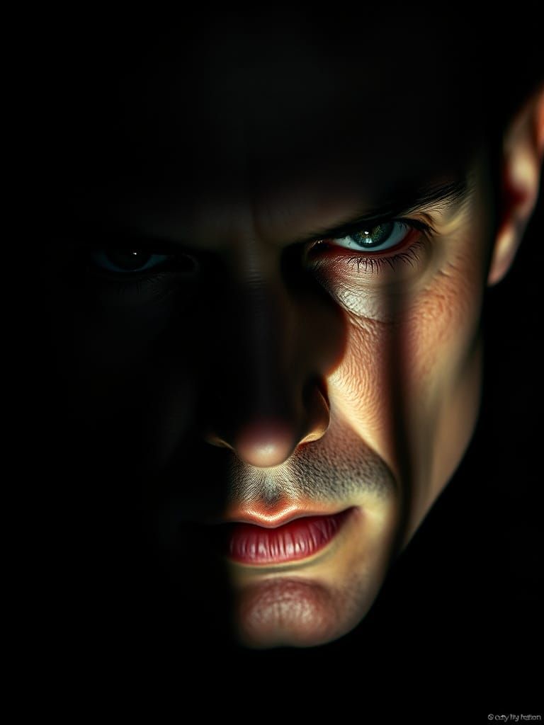 Film Noir Portrait With Intense Gaze and Dramatic Shadow