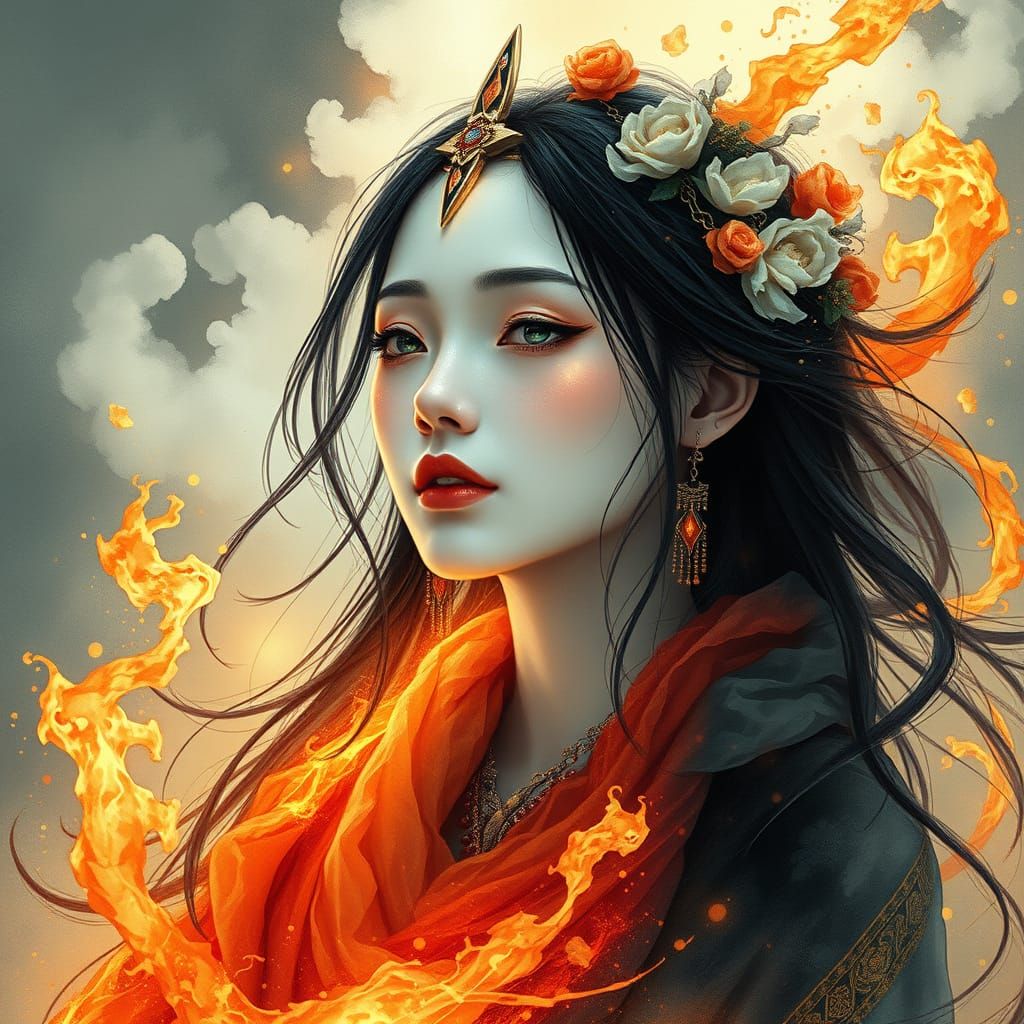 Serene Goddess of Fire in Futuristic Japan