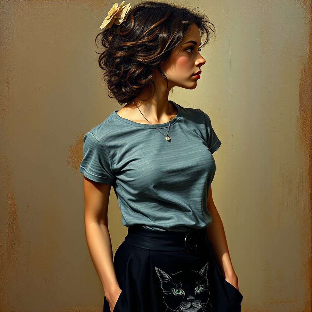 Somber Portrait of Woman in Neo-Impressionist Style