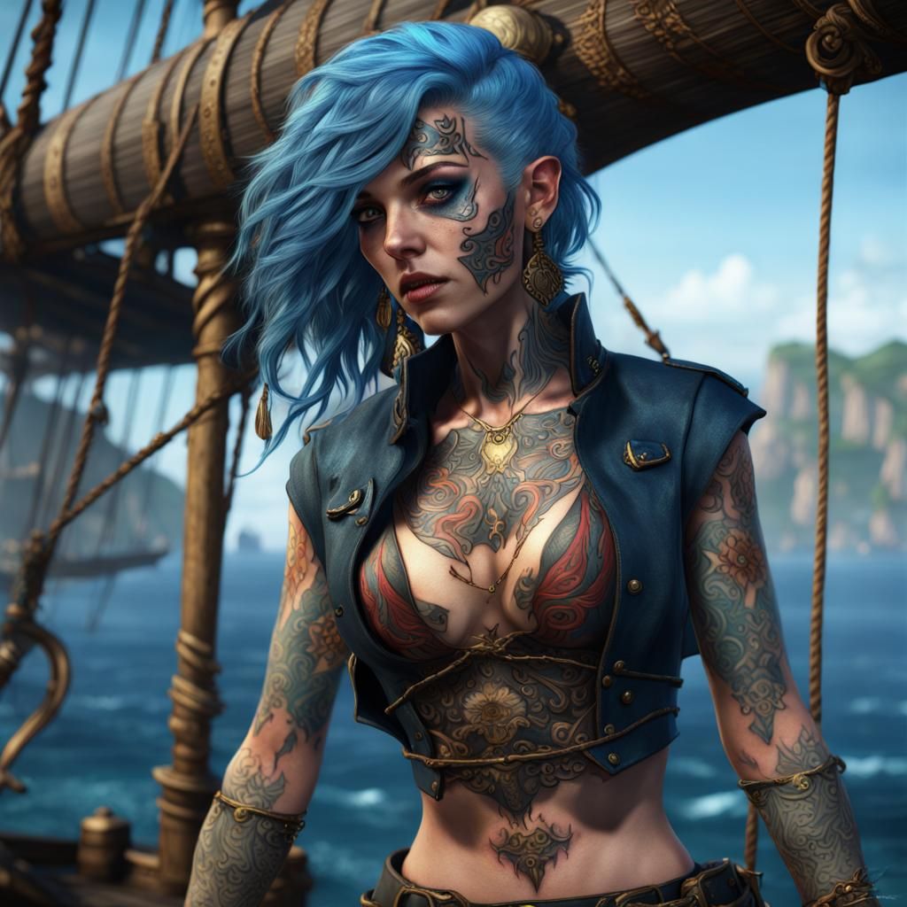 Dark Sea Elf Pirate with Tattoos in Detailed Matte Painting
