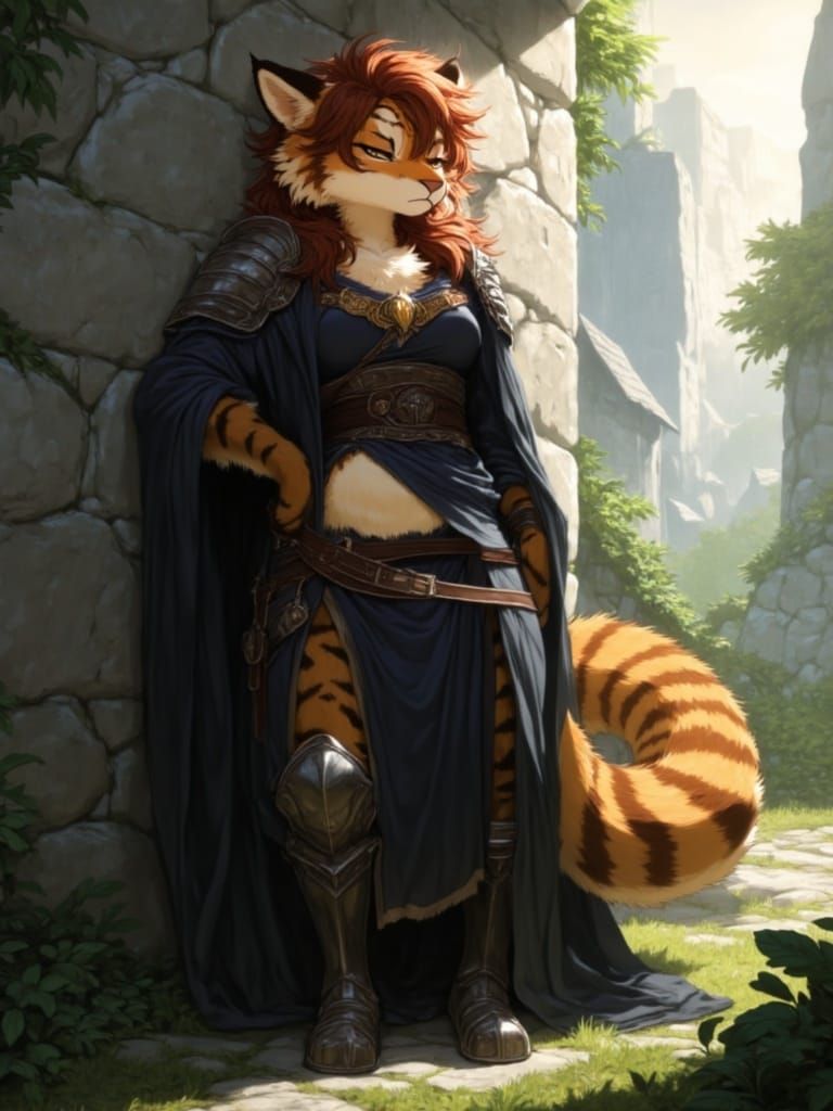 Elegant Feline Warrior in Fantasy Garden