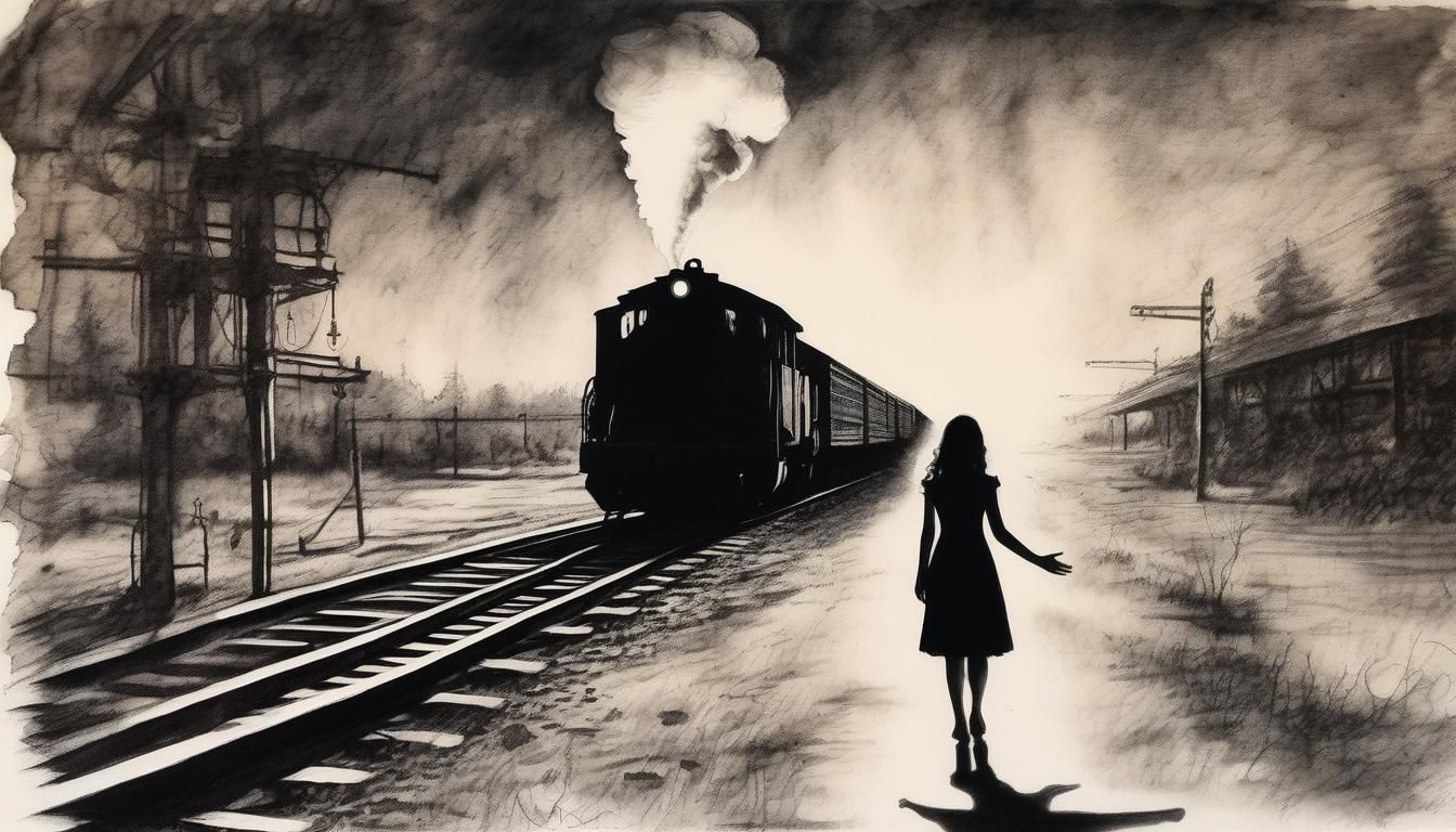 Girl Waving at Train: Charcoal Steampunk Art