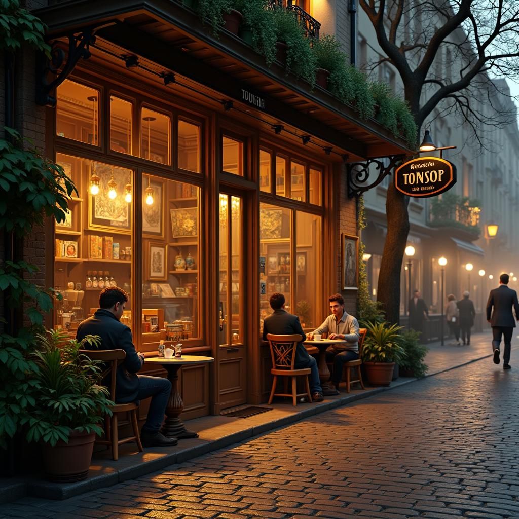 Golden-Lit Cafe at Dusk: A Warmly Inviting Scene