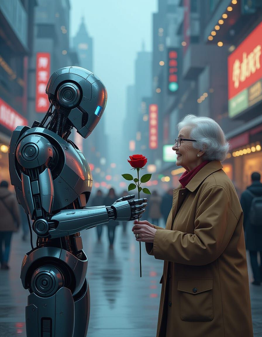 Robot Offers Rose in Futuristic City Square