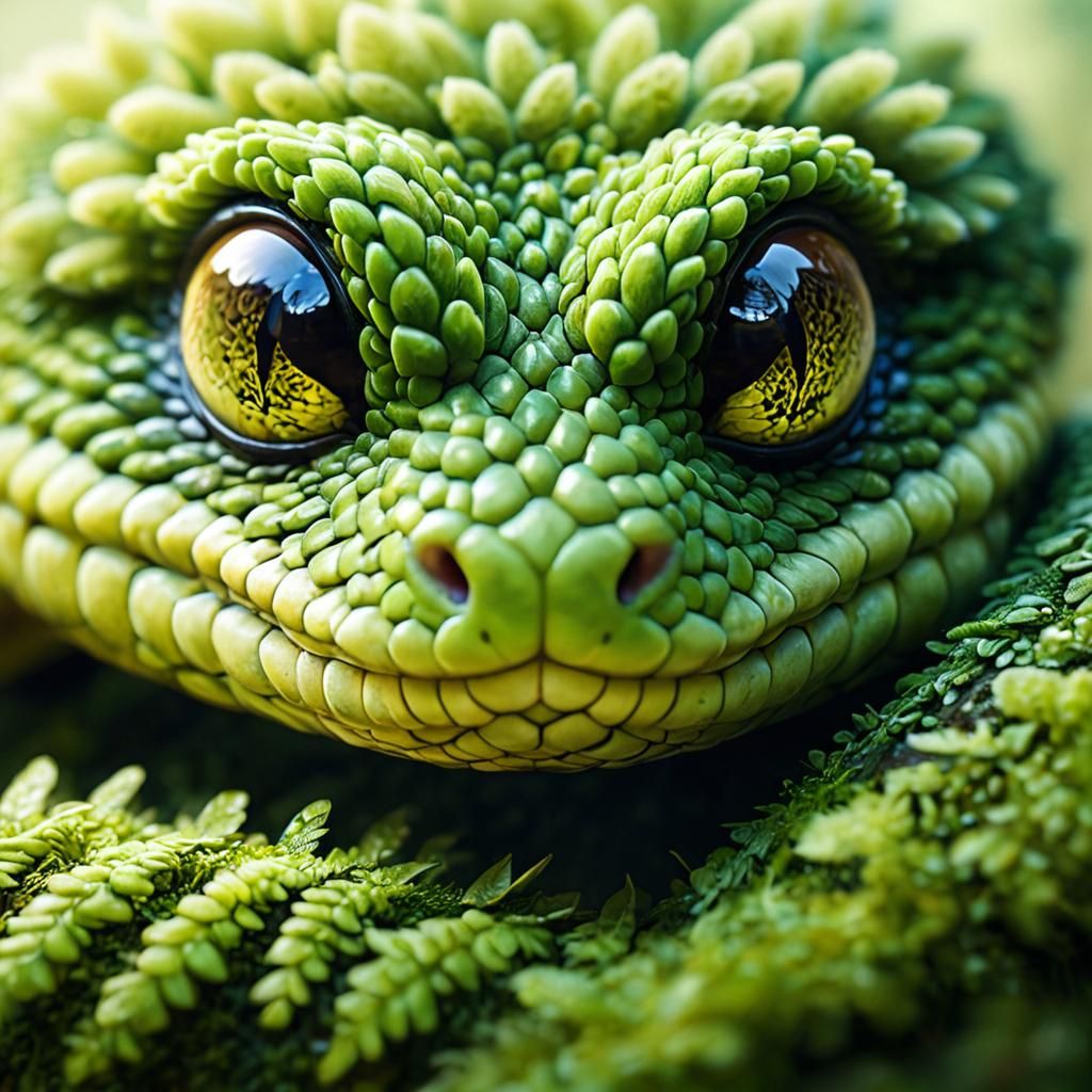 Fuzzy Moss Snake in Lush Forest: Whimsical Illustration