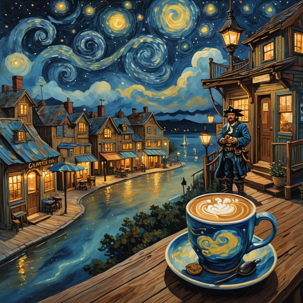Pirate Coffee Shop Under Starry Impressionist Sky