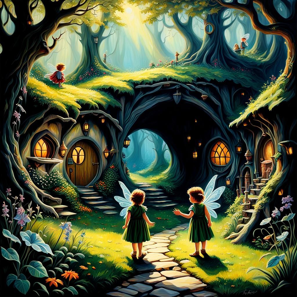 Fairies in Shadowy Hobbit Scene, Detailed Oil Painting