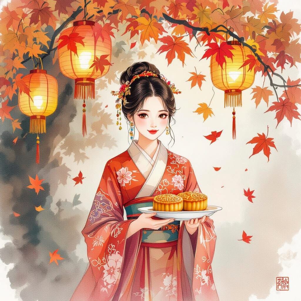 Mooncakes Under Lanterns in Traditional Chinese Style