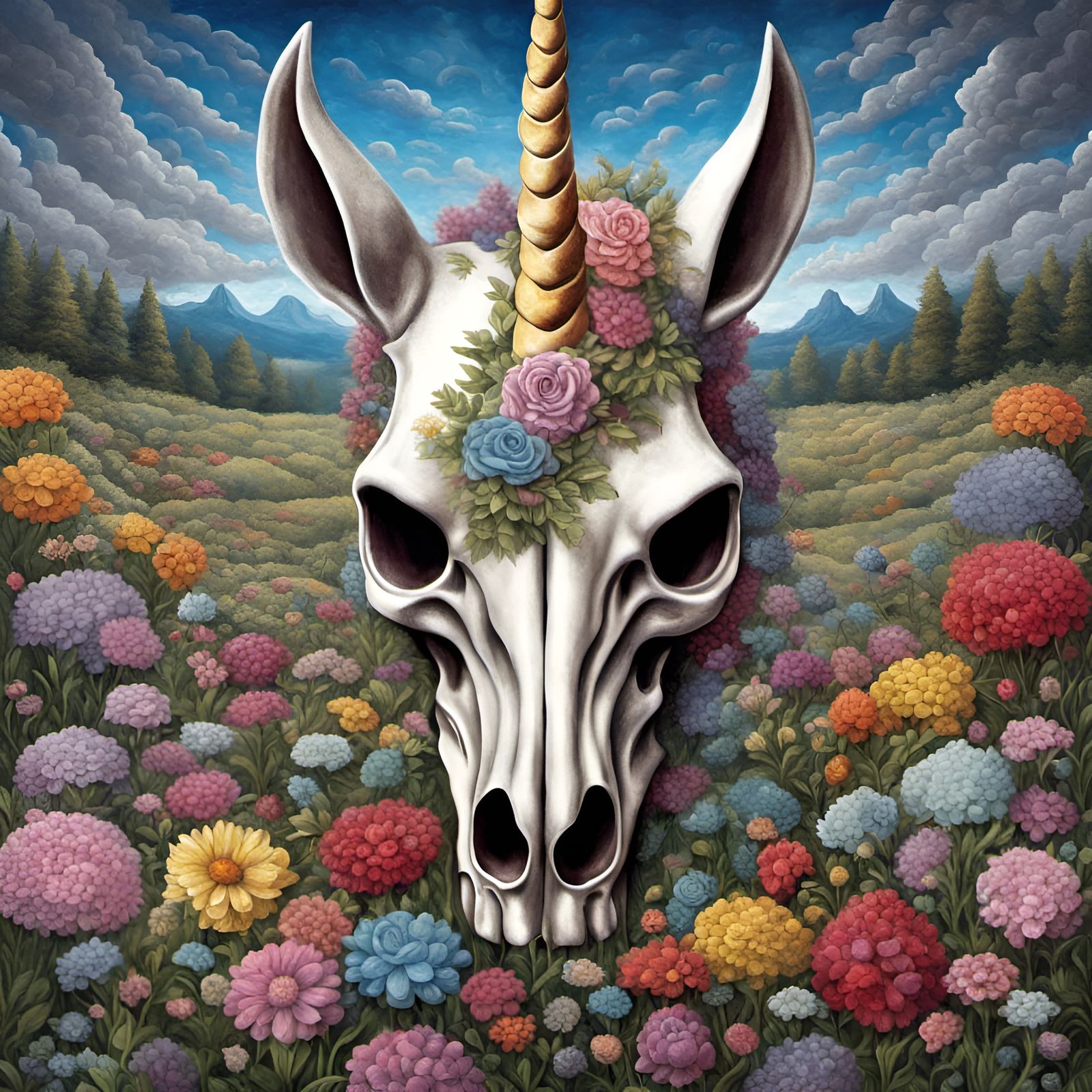 Unicorn Skull in Flower Field: Cosmic Fantasy Art