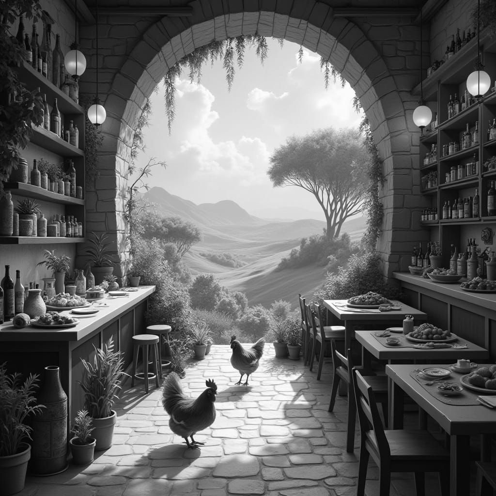Restaurant with Chickens: Detailed Matte Painting