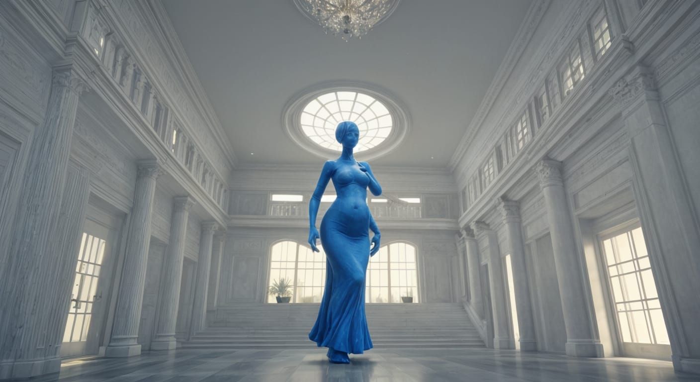 Magical Floating Figures in Liminal Hallway: 3D Voxel Art