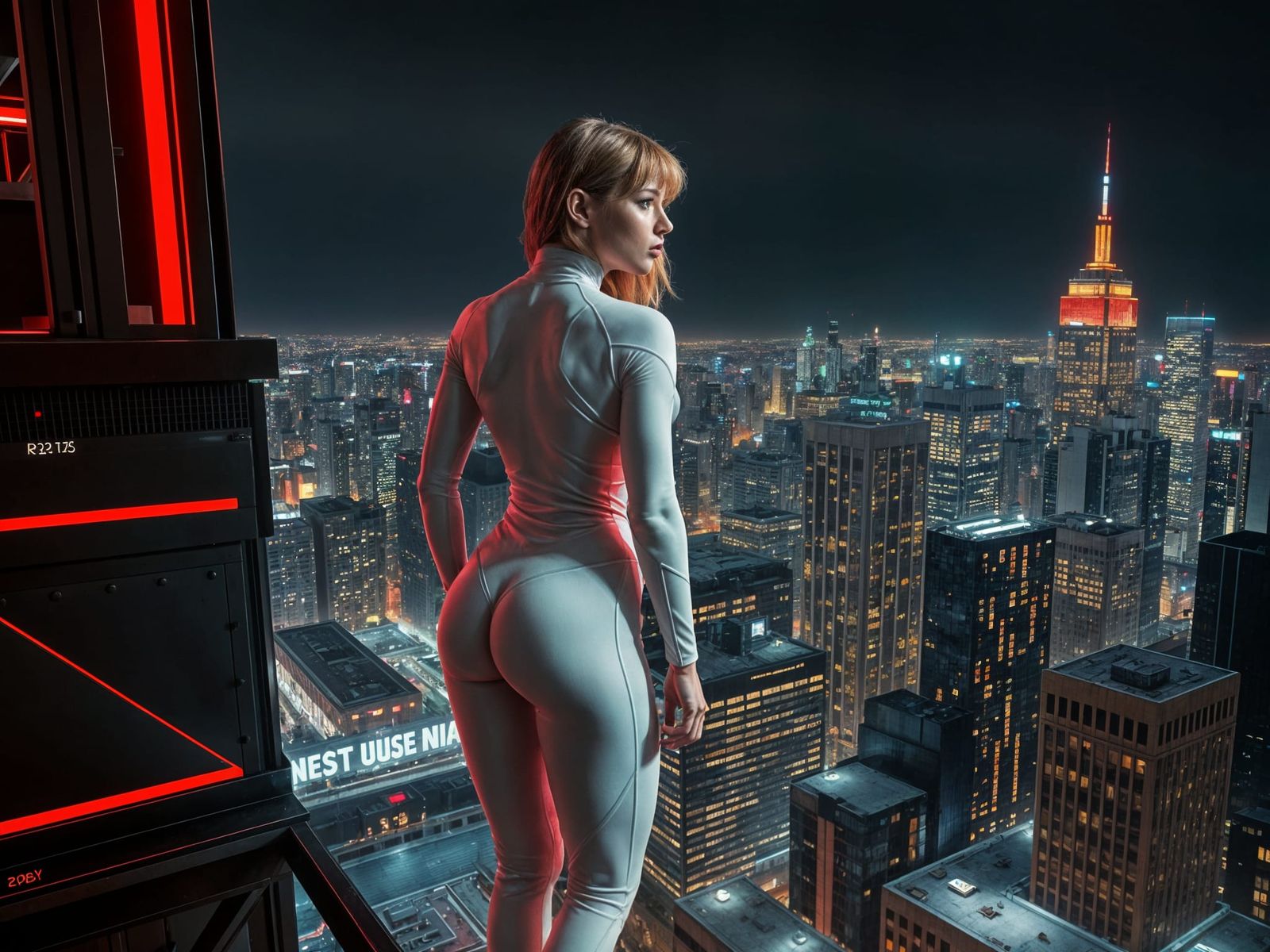 Cyberpunk Superheroine Gazing Over Neon Cityscape